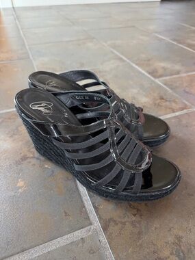 Donald J Pliner Black Espadrille Wedge Sandals Womens 8.5 Stretch Strappy Mule